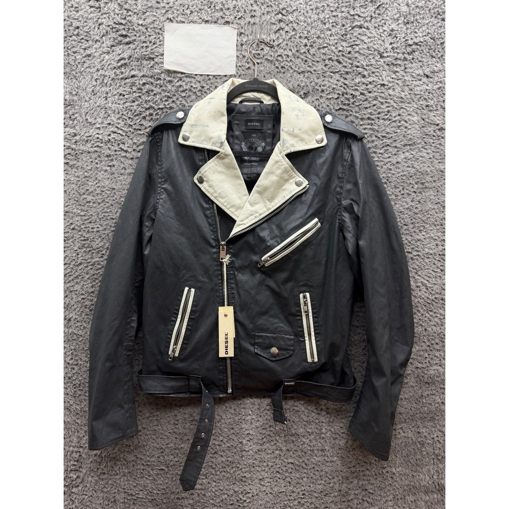 NWD Diesel J-Sedbi Waxed Cotton Asymmetric Biker Jacket Black White Mens Size L